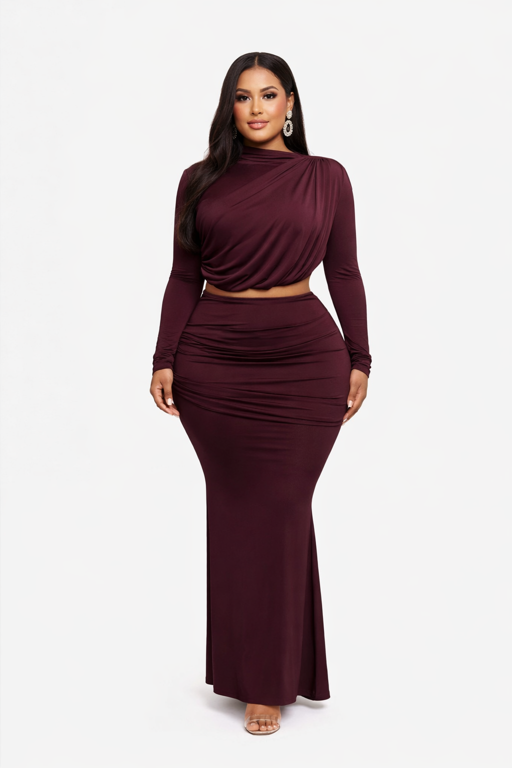 Plus Size Shirring Detailed Top & Long Skirt Set