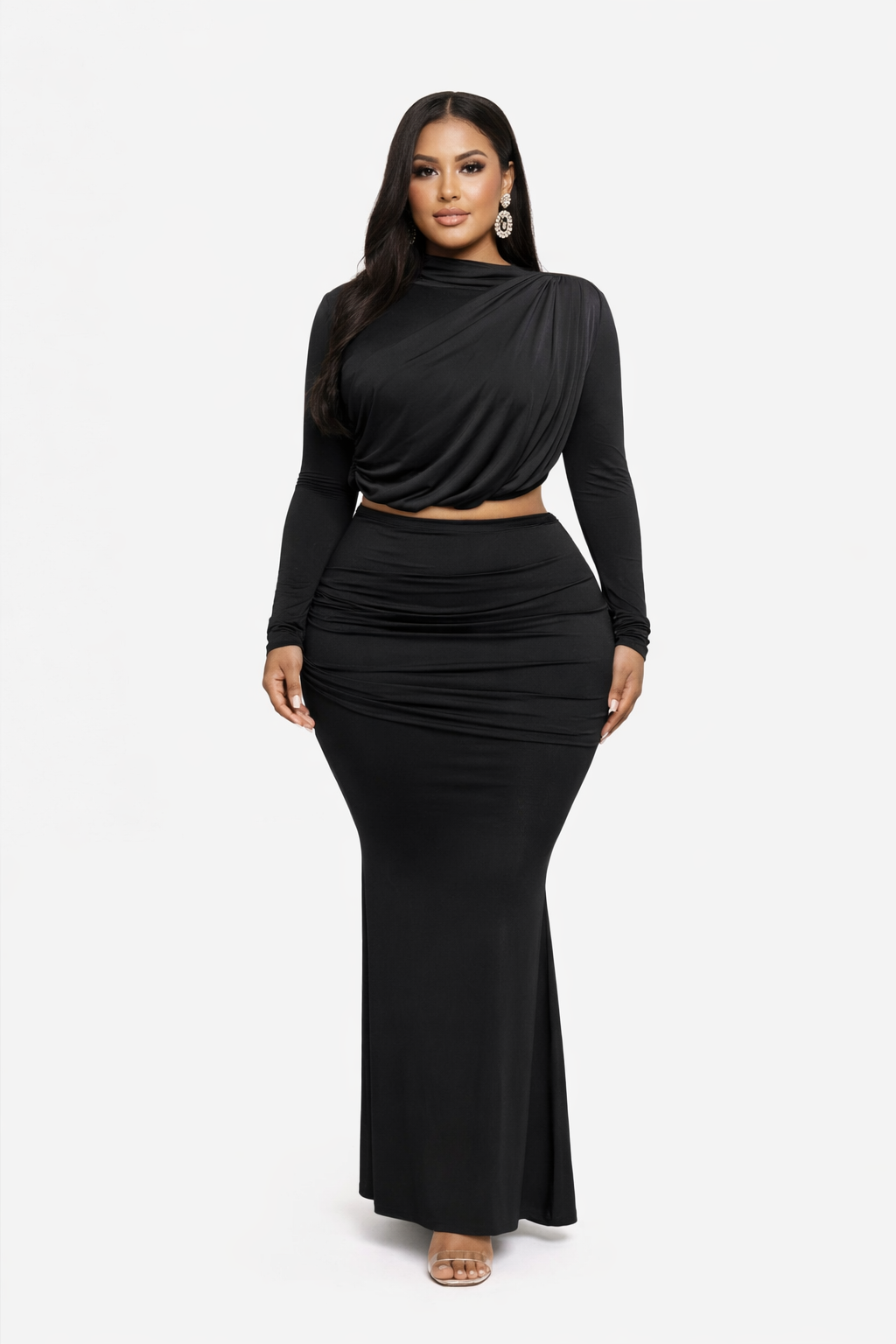 Plus Size Shirring Detailed Top & Long Skirt Set