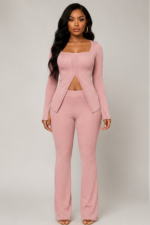 Plus Size Ribbed Pant Set With Slit Detail