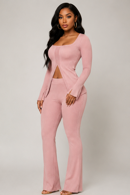 Plus Size Ribbed Pant Set With Slit Detail