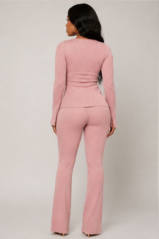 Plus Size Ribbed Pant Set With Slit Detail