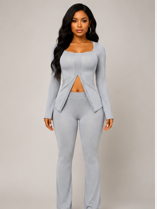 Plus Size Ribbed Pant Set With Slit Detail