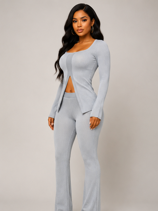 Plus Size Ribbed Pant Set With Slit Detail