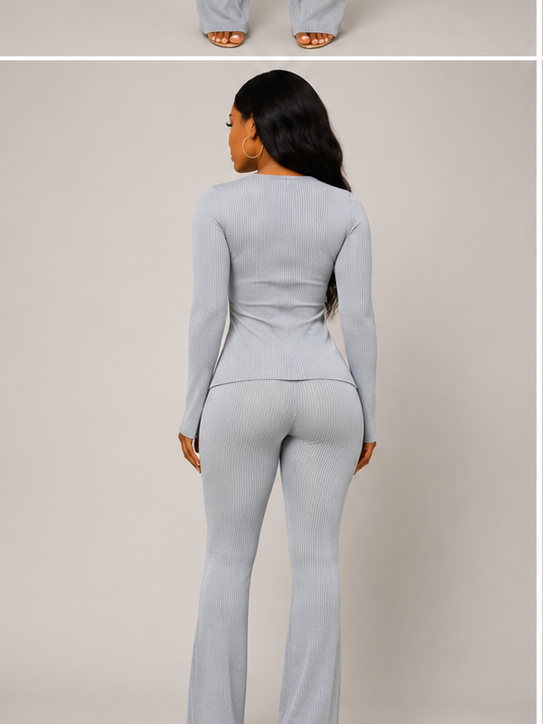 Plus Size Ribbed Pant Set With Slit Detail