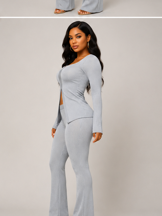 Plus Size Ribbed Pant Set With Slit Detail